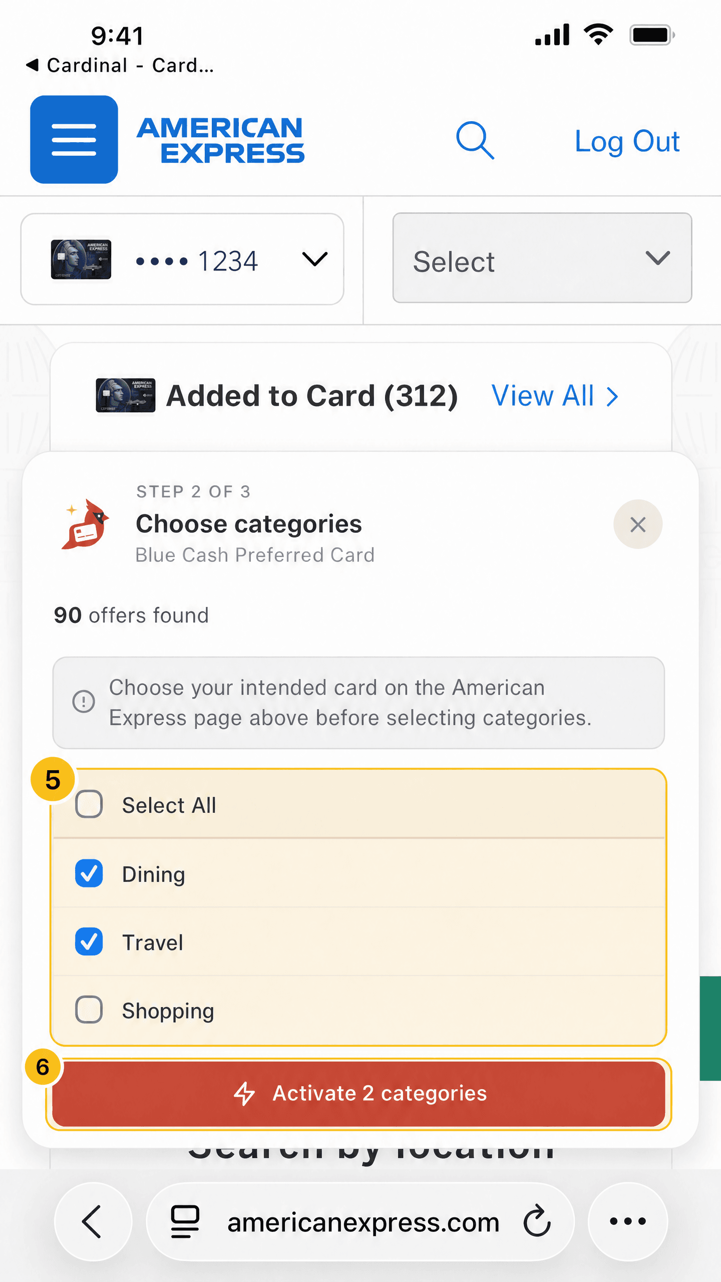 Step three: offer categories and activation button highlighted